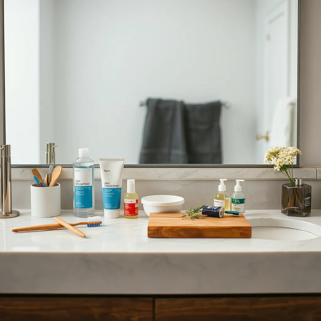 Brosse à dents, dentifrice et bain de bouche disposés sur un comptoir de salle de bain clair