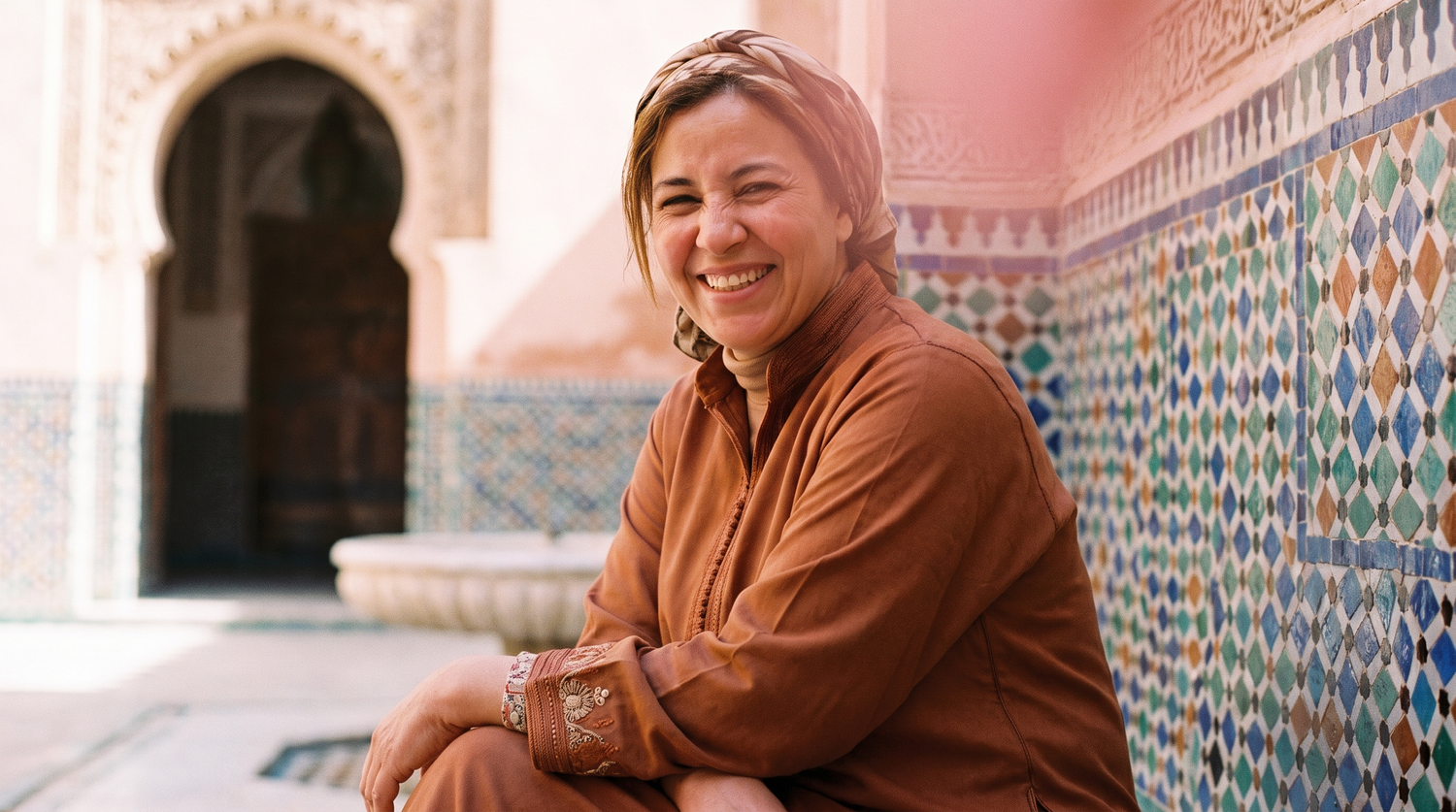 Femme souriante assise dans un patio traditionnel marocain orné de zelliges