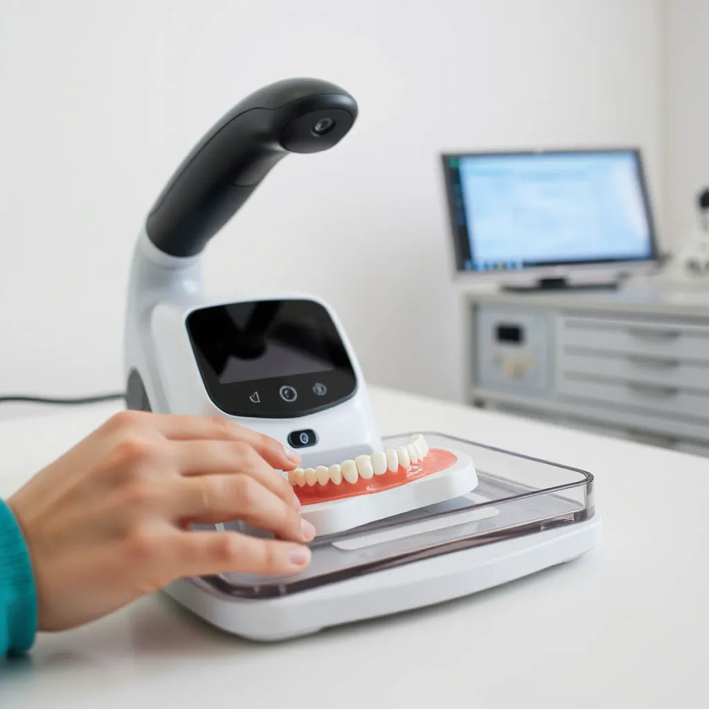 Main ajuste un appareil high-tech dentaire près d’un modèle de dents dans un cabinet clinique