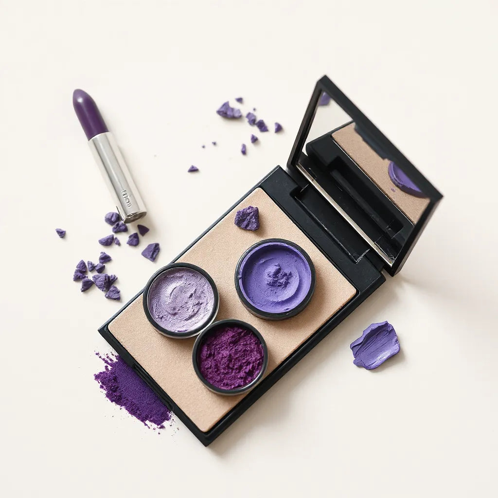 Nuances de pigments violets correcteurs et petits swatchs sur une carte ton chair neutre