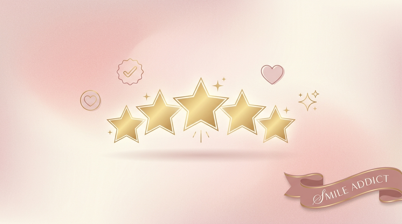 Illustration éditoriale Smile Addict, cinq étoiles dorées et badges de confiance, page des avis clients vérifiés