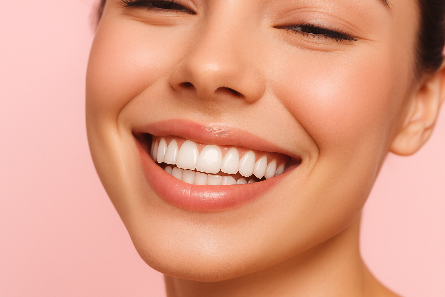 Gros plan sur un sourire, dents claires, fond rose