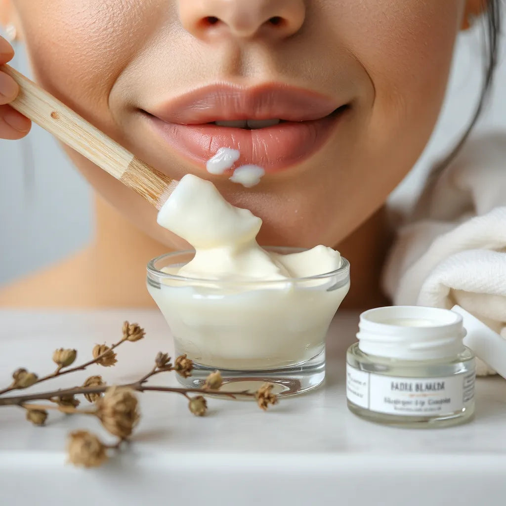 Lèvres soignées avec un gommage doux, un bol de produit et un baume à portée sur une table de salle de bain