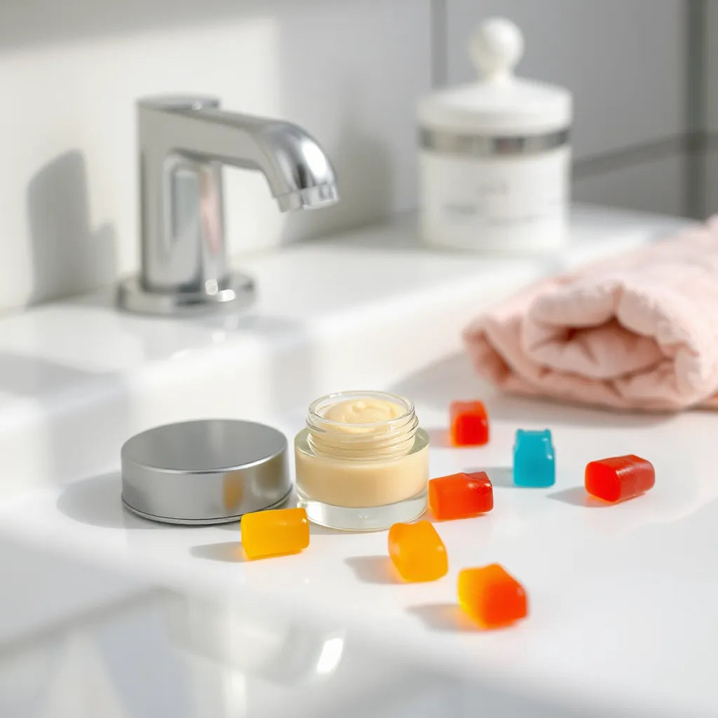 Baume à lèvres au look gummy avec une texture brillante et quelques bonbons autour sur une table de salle de bain.