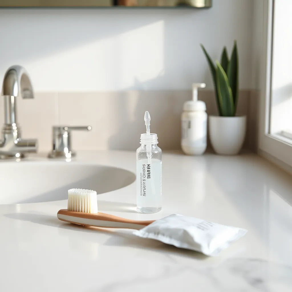 Brosse à dents, fil dentaire et accessoires de blanchiment sur un plan de travail de salle de bain.