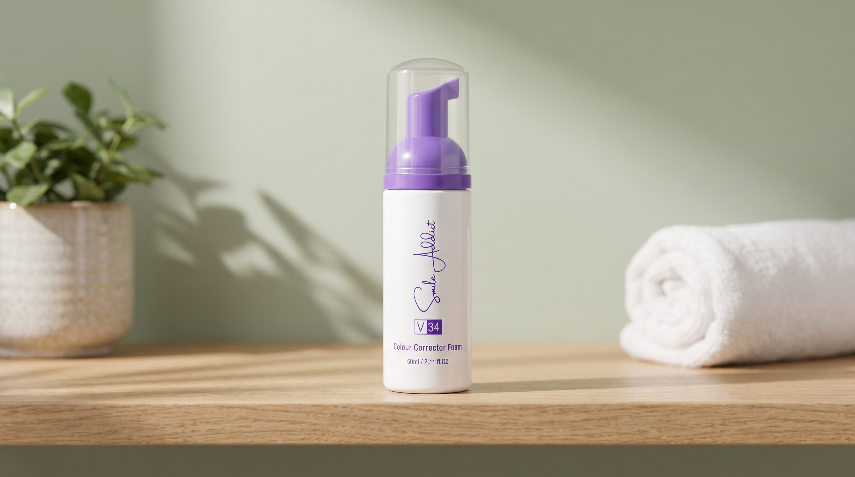 Mousse correctrice de teinte V34 Smile Addict posée sur une étagère en bois de salle de bain, à côté d'une plante verte et d'une serviette