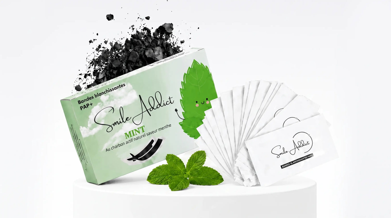 Bandes blanchissantes PAP+ Smile Addict saveur Menthe, boîte verte mascotte feuille