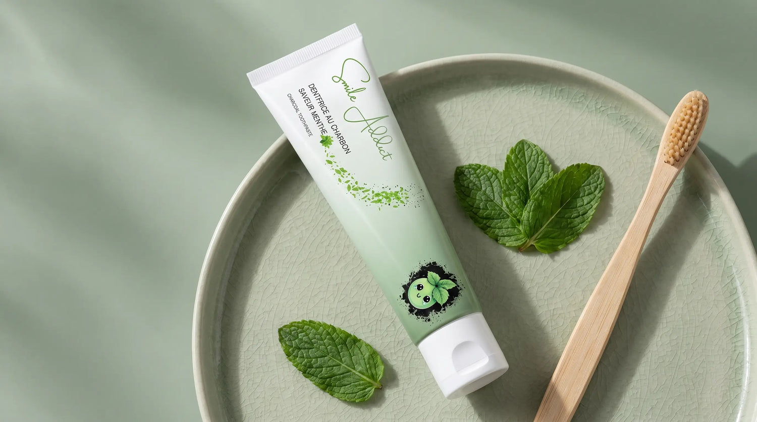 Dentifrice Naturel au Charbon Actif Smile Addict saveur Menthe, tube posé sur assiette avec menthe fraîche