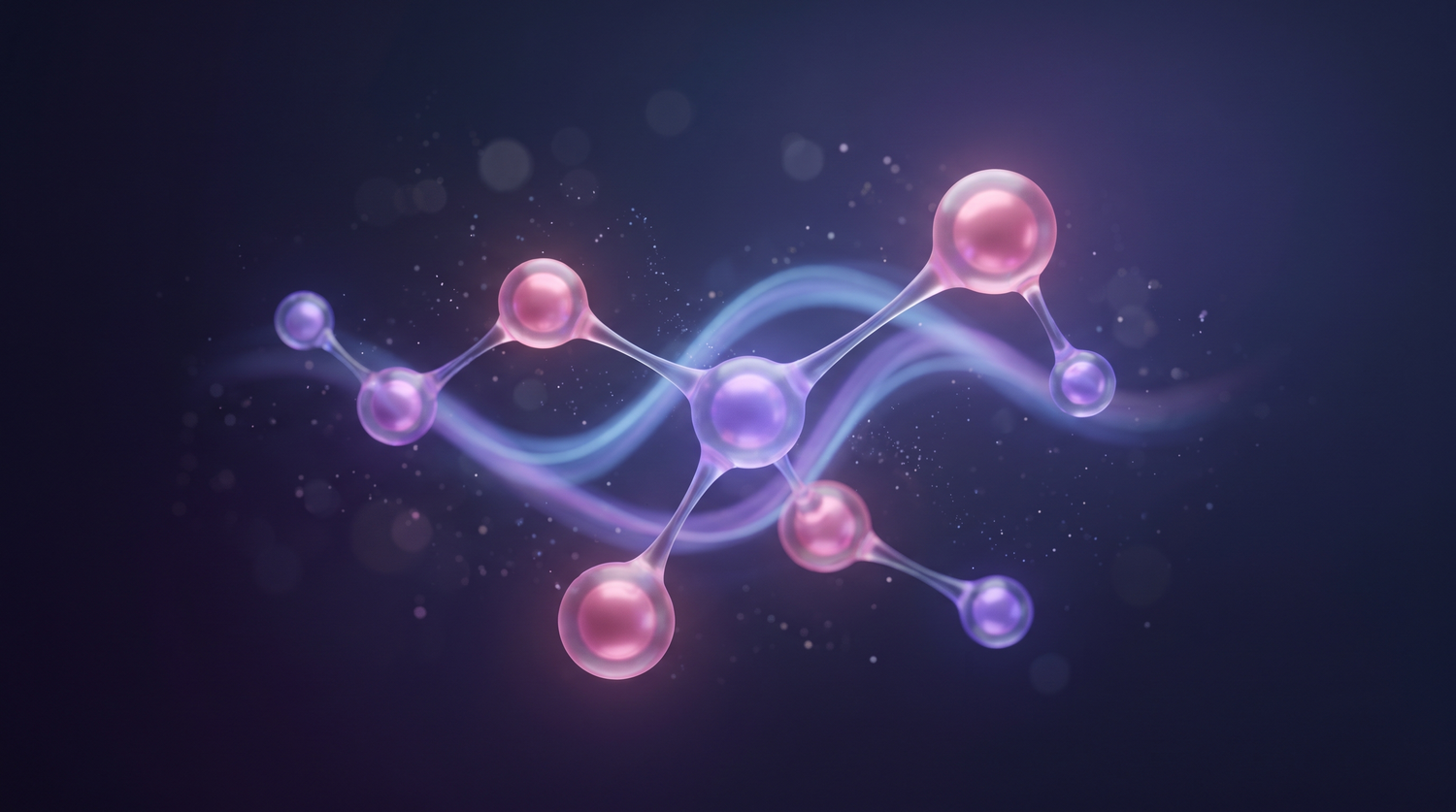 Illustration scientifique de molécules symbolisant la technologie PAP+ utilisée dans le Sérum V34 Smile Addict, actif blanchissant sans peroxyde d'hydrogène