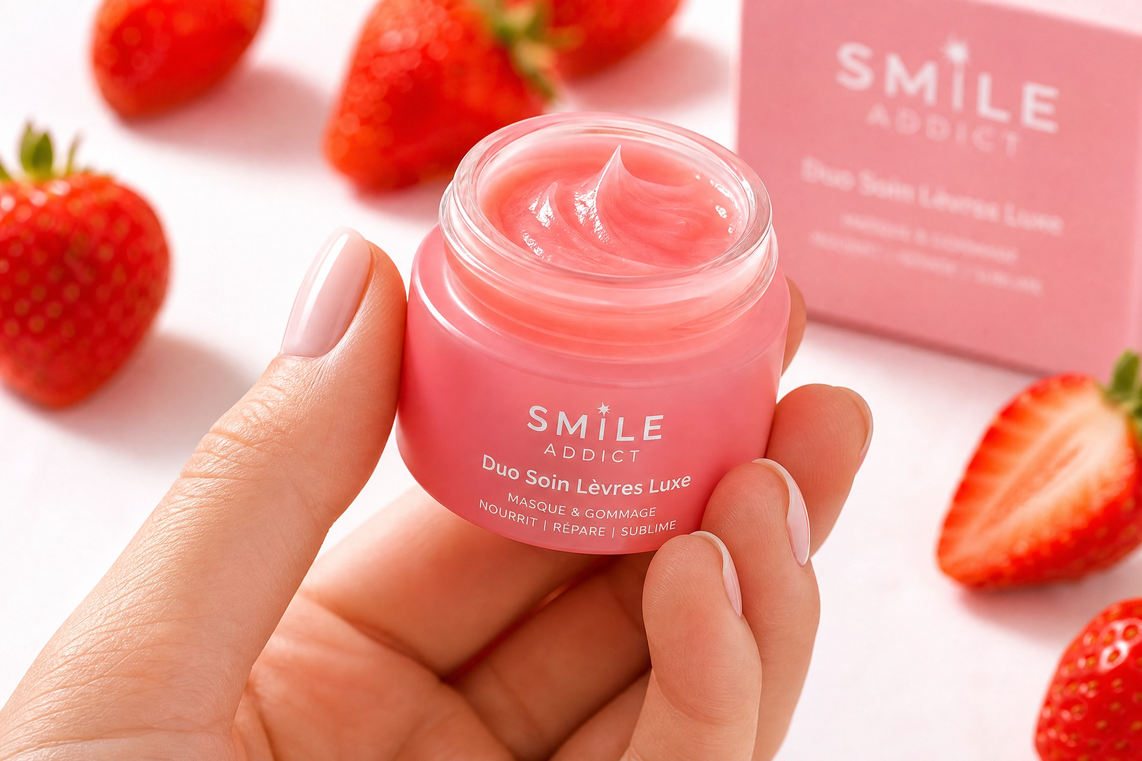 Main tenant un pot rose ouvert de Masque Lèvres Smile Addict avec des fraises fraîches en arrière-plan.