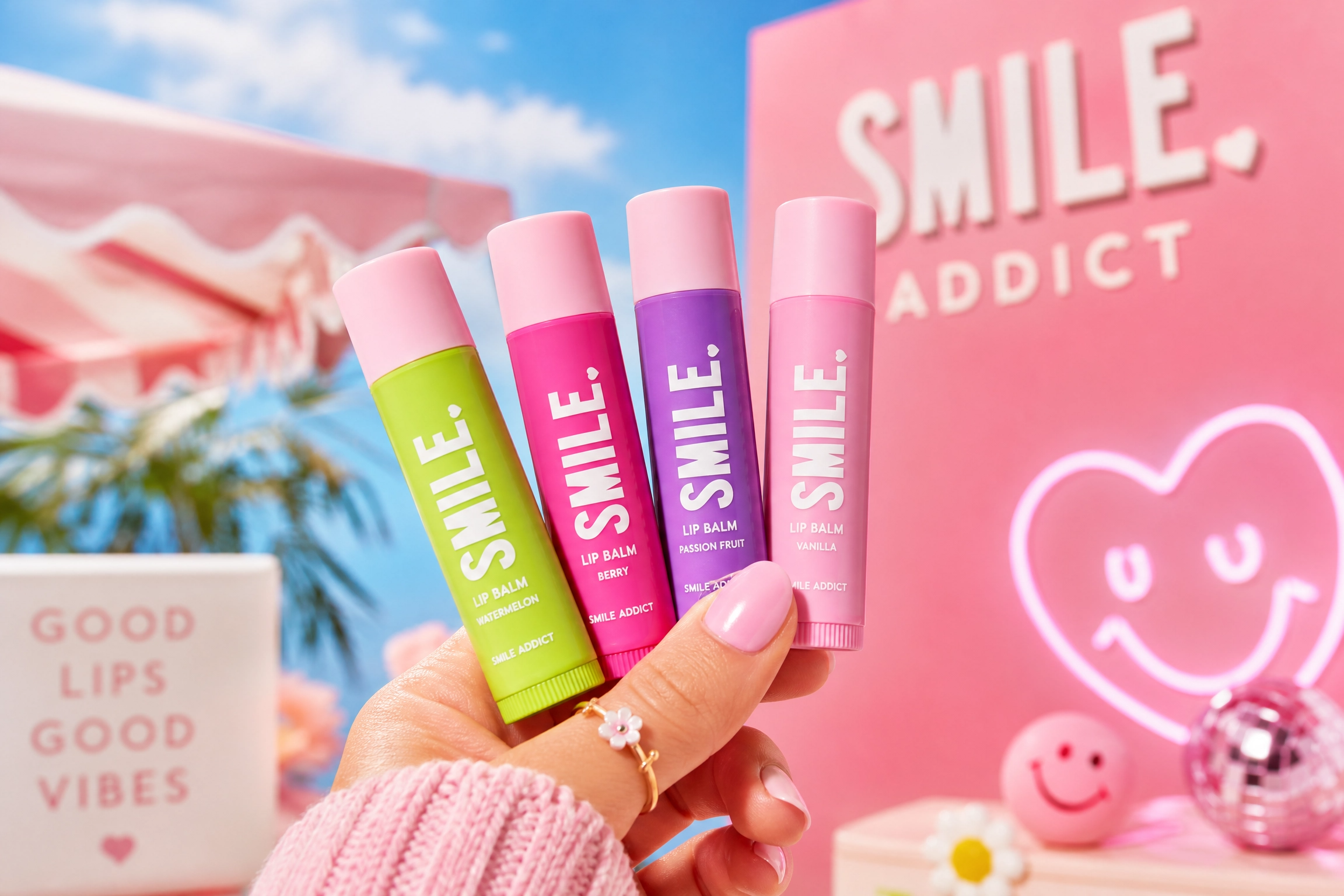 Main présentant les quatre tubes colorés de baumes à lèvres hydratants Smile Addict sous une lumière ensoleillée.