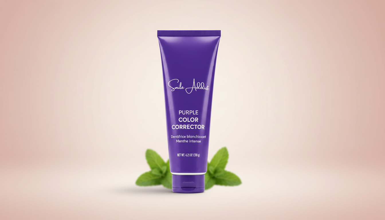 Dentifrice Violet Correcteur V34 Smile Addict, tube sur fond dégradé pastel rose et crème avec feuilles de menthe
