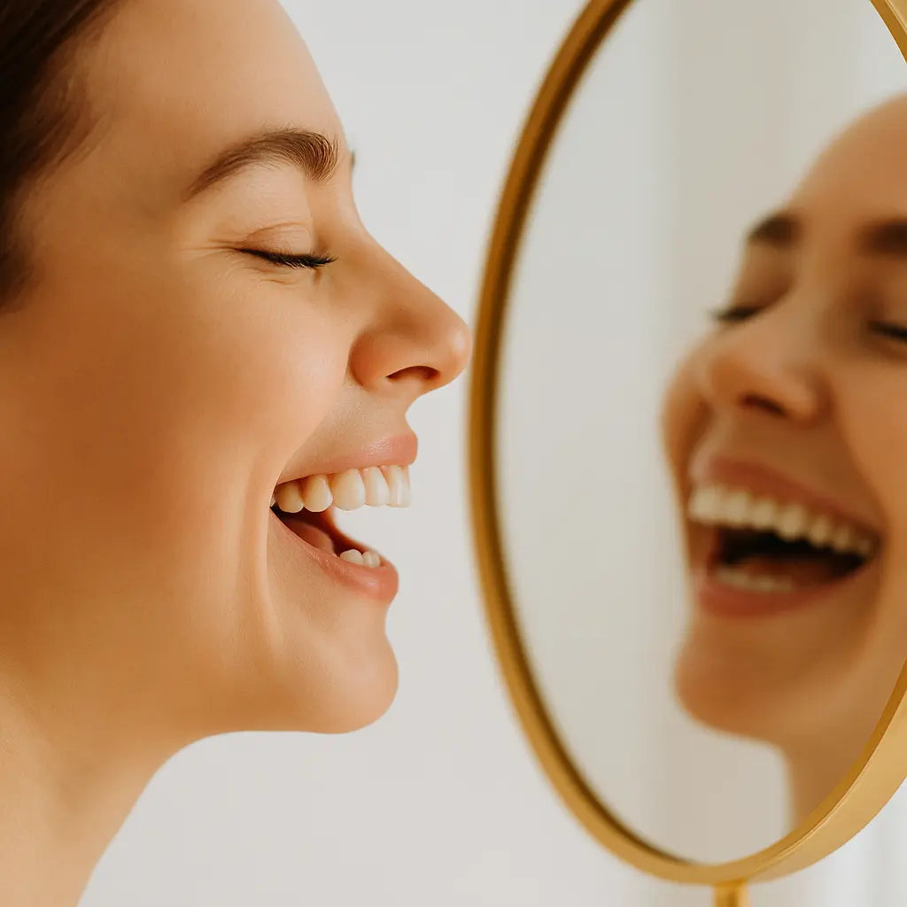 Femme souriante de profil avec des dents blanches éclatantes, reflétée dans un miroir, symbolisant la confiance retrouvée grâce au blanchiment dentaire naturel Smile Addict.