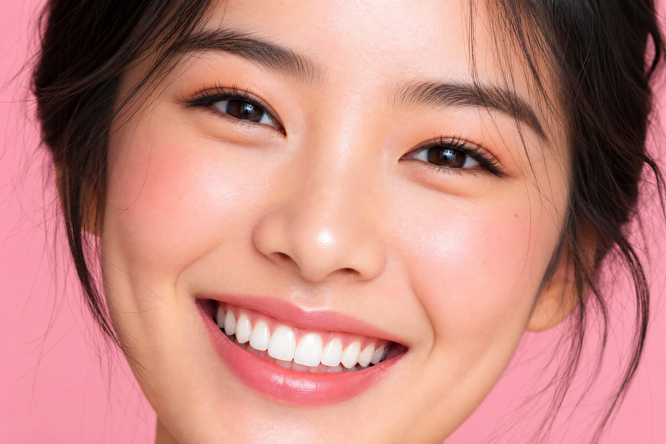 Portrait serré visage femme asiatique sourire joyeux dents blanches fond rose Smile Addict.