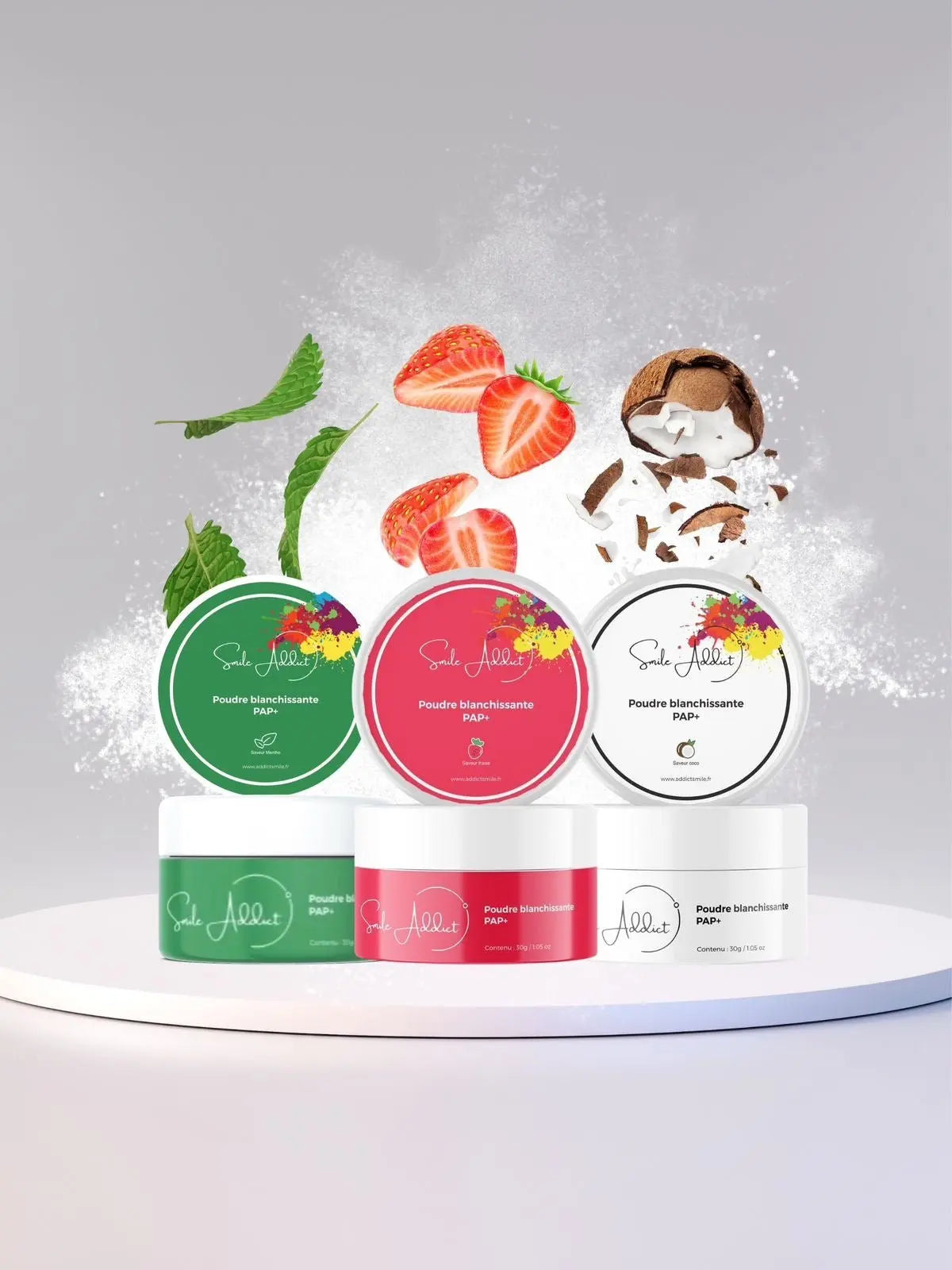 Pack 3 Poudres Blanchissantes PAP+ – Fraise, Coco & Menthe 🌿✨ Addict Smile
