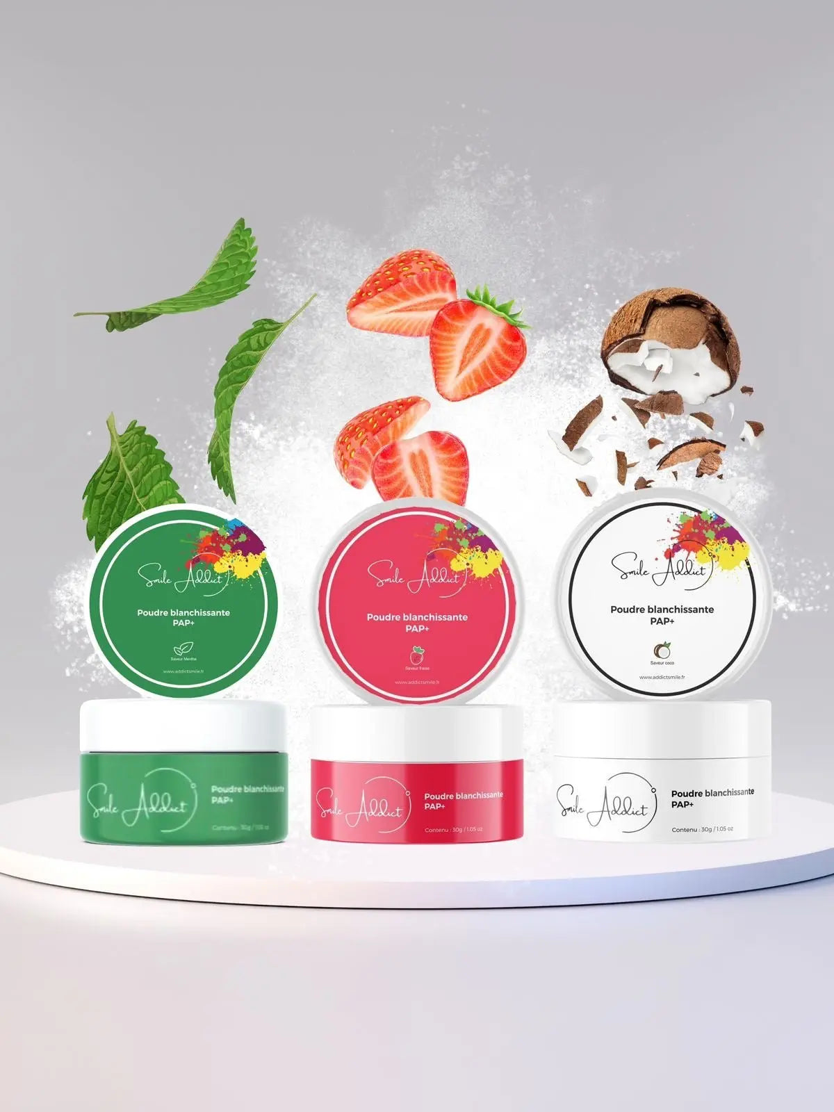 Pack 3 Poudres Blanchissantes PAP+ – Fraise, Coco & Menthe 🌿✨ Addict Smile