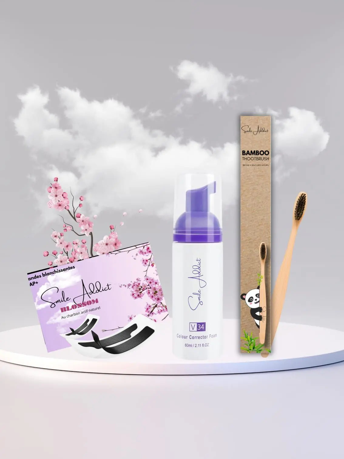 Pack Blossom Smile 3-en-1 – Mousse V34 + Bandes PAP + Brosse Bambou Smile Addict