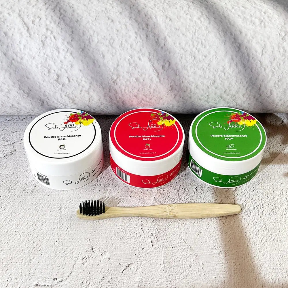 Pack 3 Poudres Blanchissantes PAP+ – Fraise, Coco & Menthe 🌿✨ Addict Smile