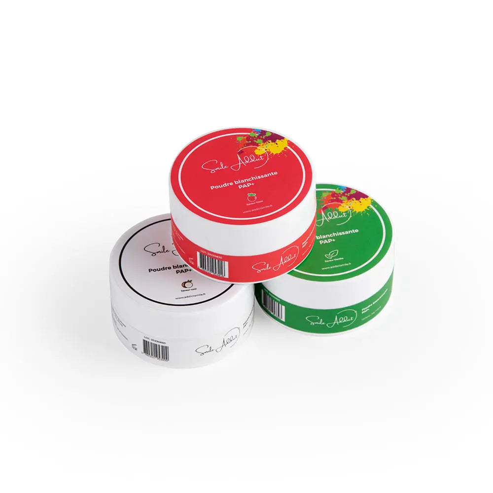 Pack 3 Poudres Blanchissantes PAP+ – Fraise, Coco & Menthe 🌿✨ Addict Smile