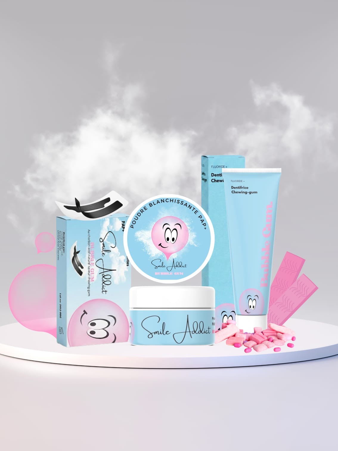 Pack Xtreme Blancheur Bubble Gum – Bandes PAP+ & Charbon, Poudre & Dentifrice | Smile Addict