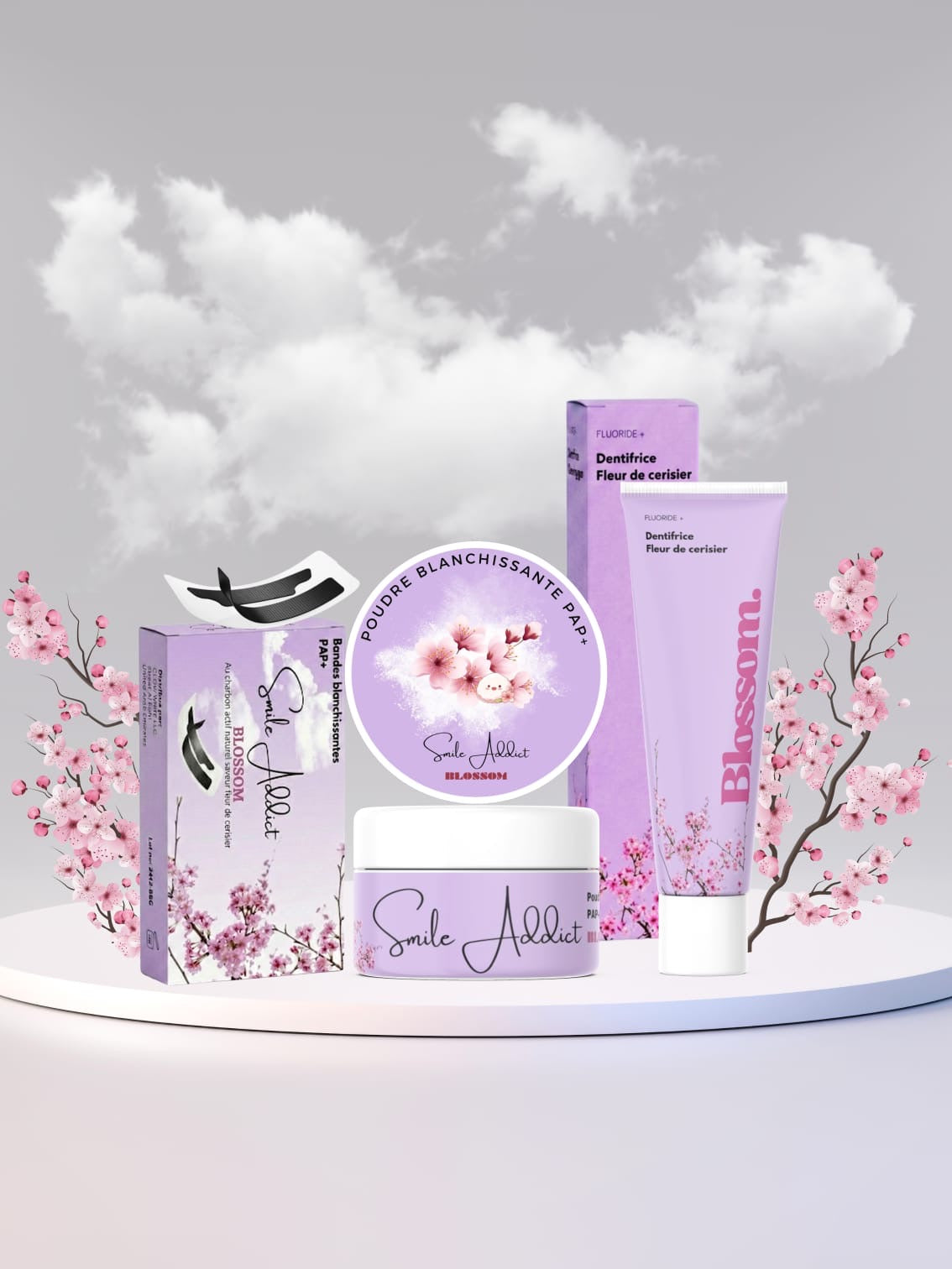Pack Xtreme Blancheur Blossom – Bandes PAP+ & Charbon, Poudre & Dentifrice | Smile Addict