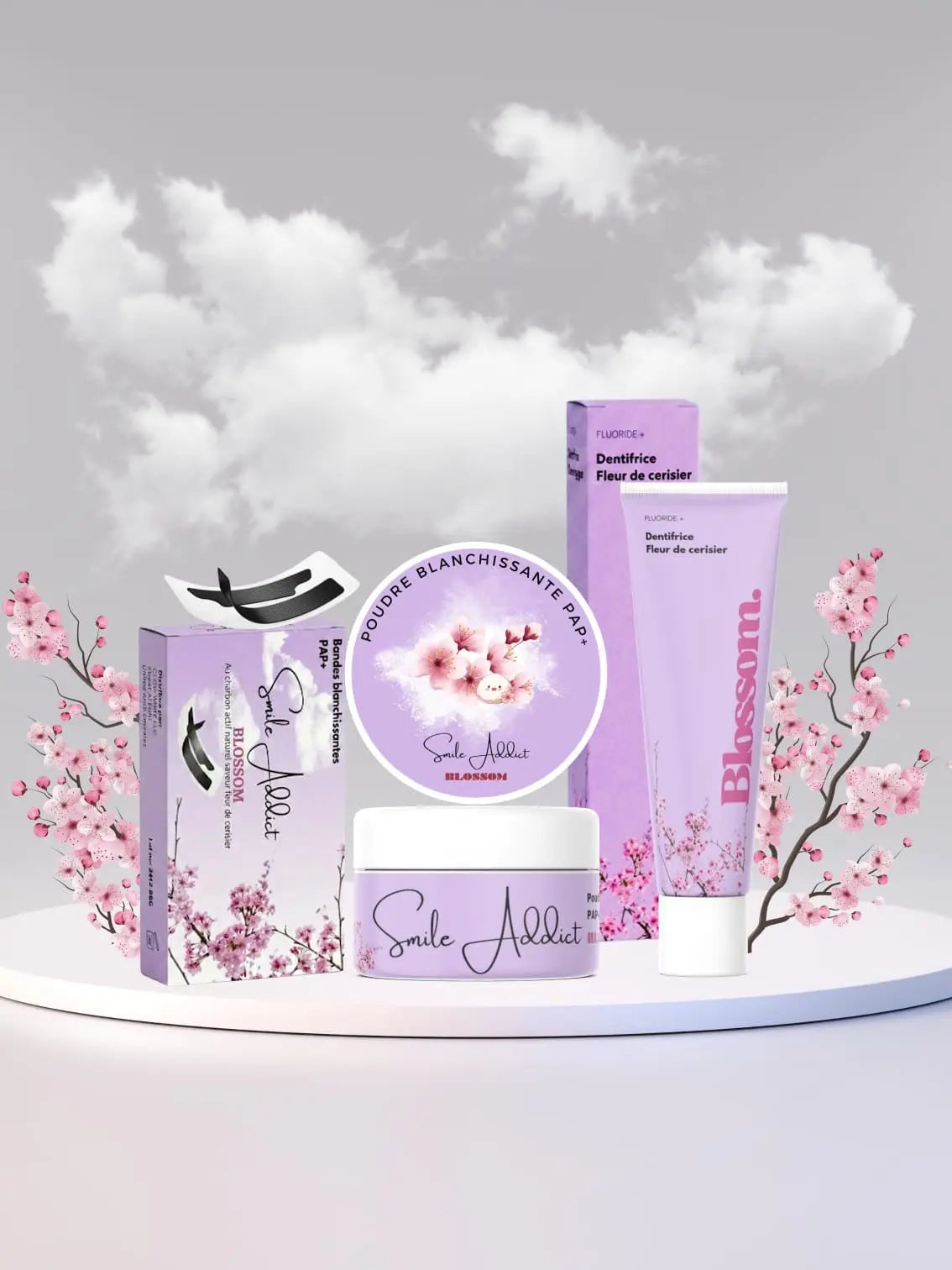Pack Xtreme Blancheur Blossom – Bandes PAP+ & Charbon, Poudre & Dentifrice | Smile Addict Addict Smile