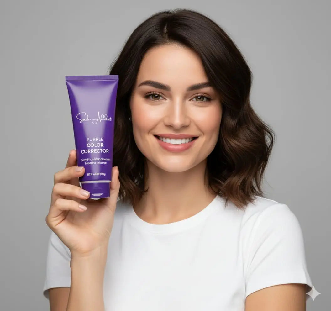 A smiling woman with shoulder-length brown hair in a white t-shirt holds up a purple tube labeled "NEW Dentifrice Violet Blanchissant – Blancheur Express - SmileAddict" against a plain gray background.