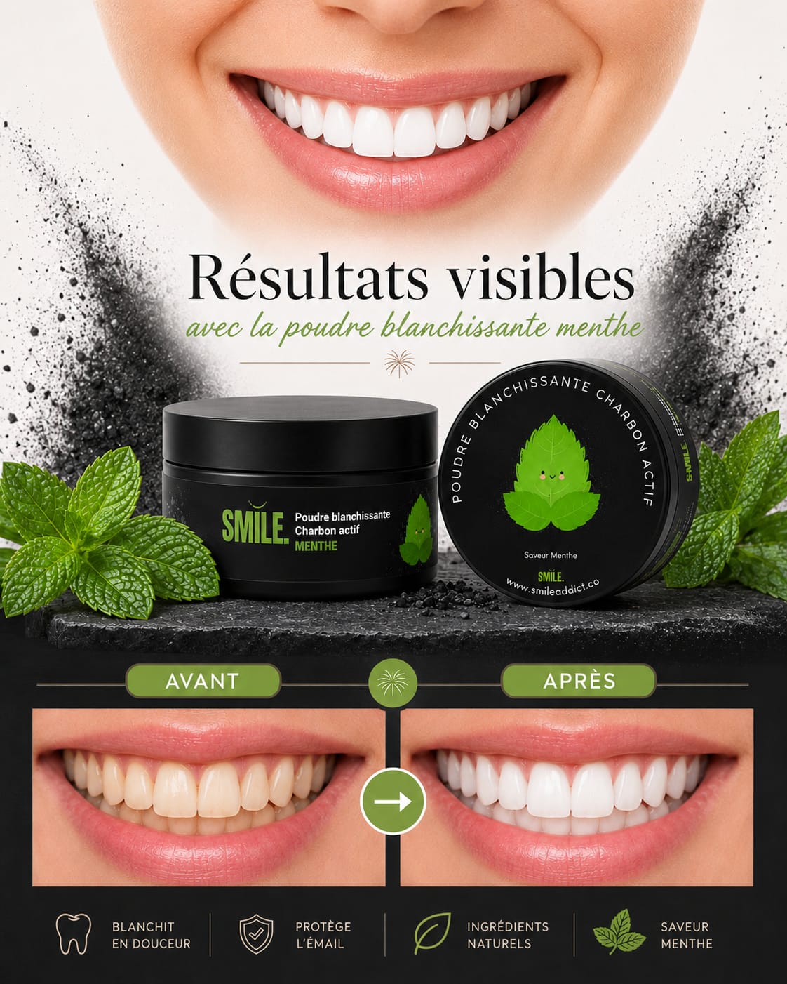 Poudre Blanchissante Charbon Actif Menthe — Blanchiment Dentaire Naturel | Smile Addict