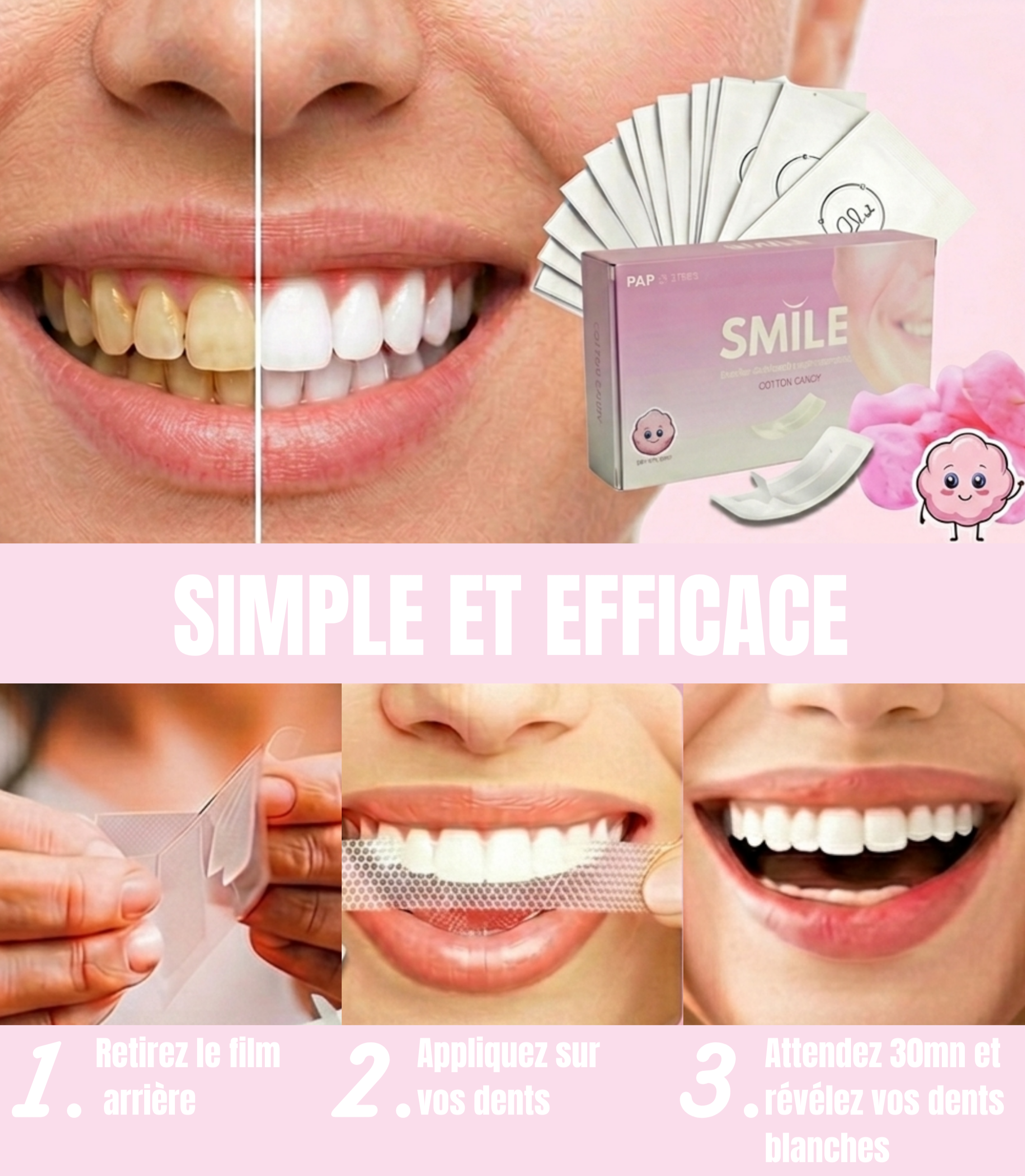 Bandes de blanchiment dentaire PAP Saveur barbe à papa – Smile Addict Smile Addict