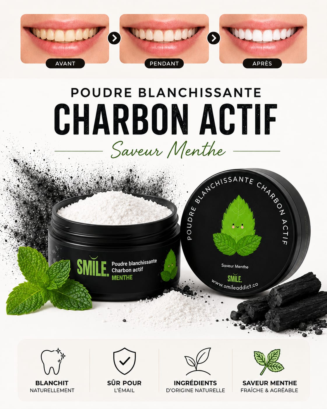 Poudre Blanchissante Charbon Actif Menthe — Blanchiment Dentaire Naturel | Smile Addict