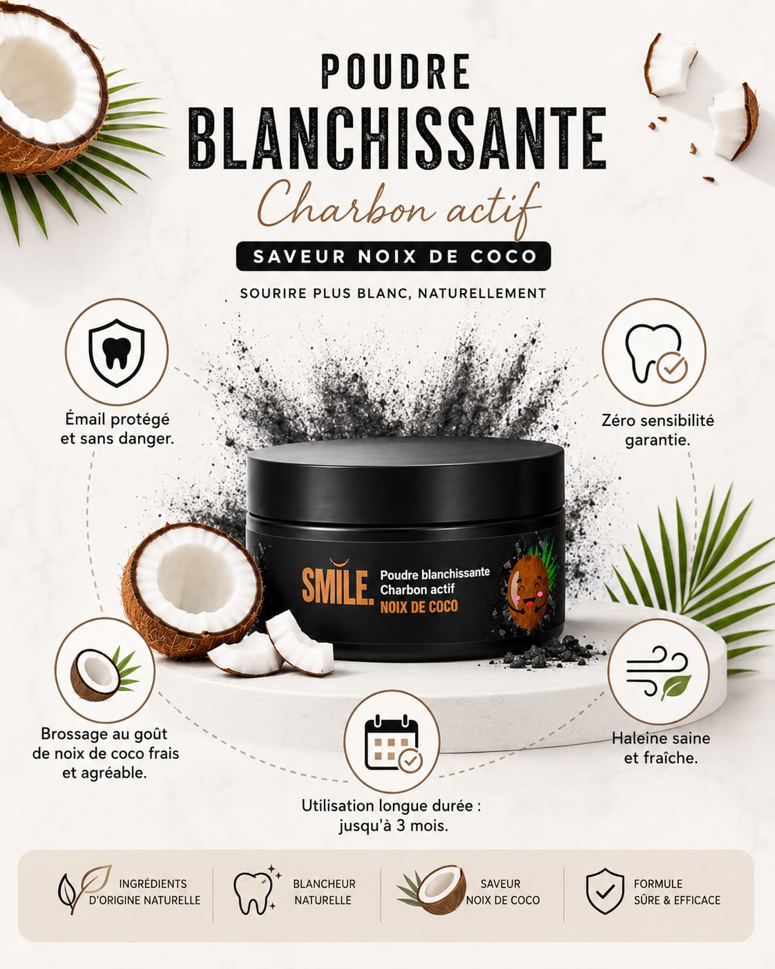 Poudre Blanchissante Charbon Actif Noix de Coco - avant apres Poudre Blanchissante Charbon Actif Noix de Coco - avant apres