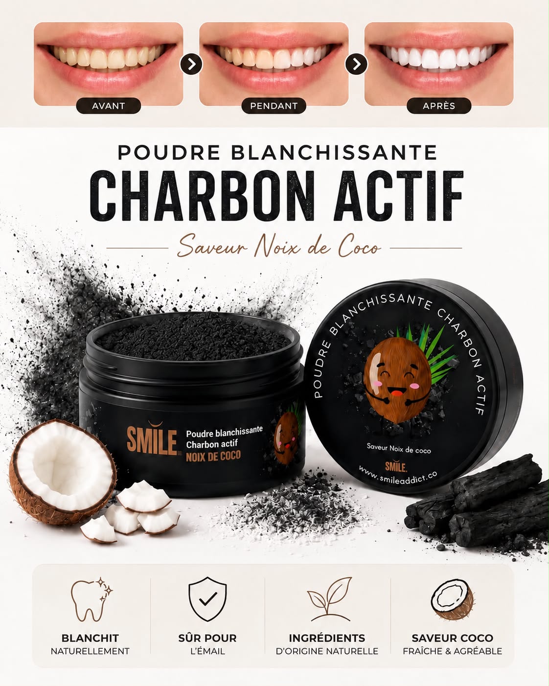 Poudre Blanchissante Charbon Actif Noix de Coco - Smile Addict