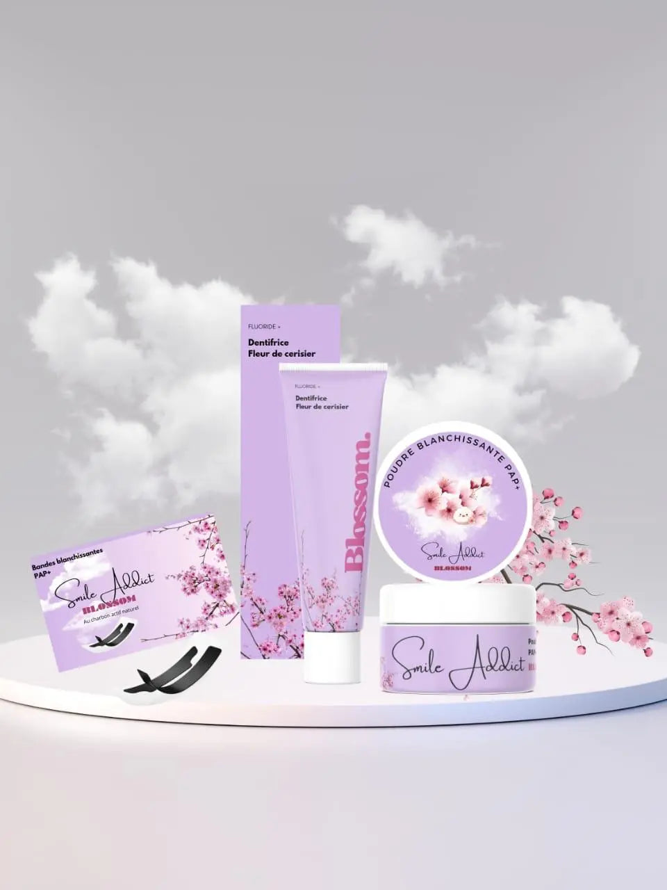 Pack Xtreme Blancheur Blossom – Bandes PAP+ & Charbon, Poudre & Dentifrice | Smile Addict | Smile Addict