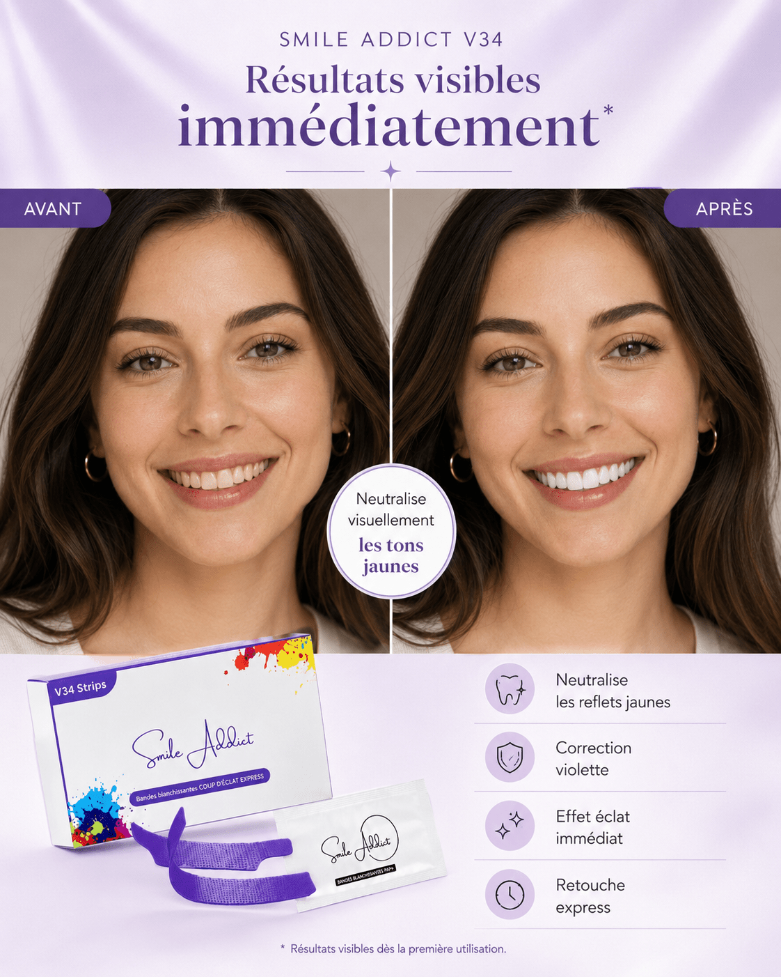 Bandes Éclat Express V34 – Blanchiment Dentaire Instantané — composition et ingrédients | Smile Addict