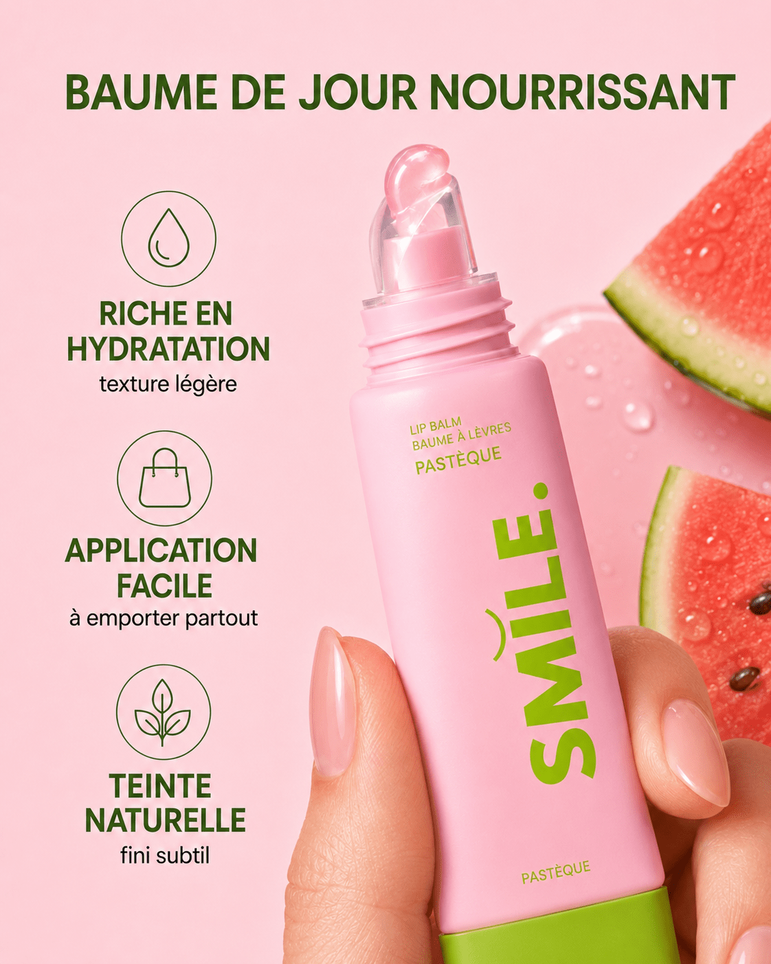 Baume à Lèvres Pastèque — vue détail produit | Smile Addict