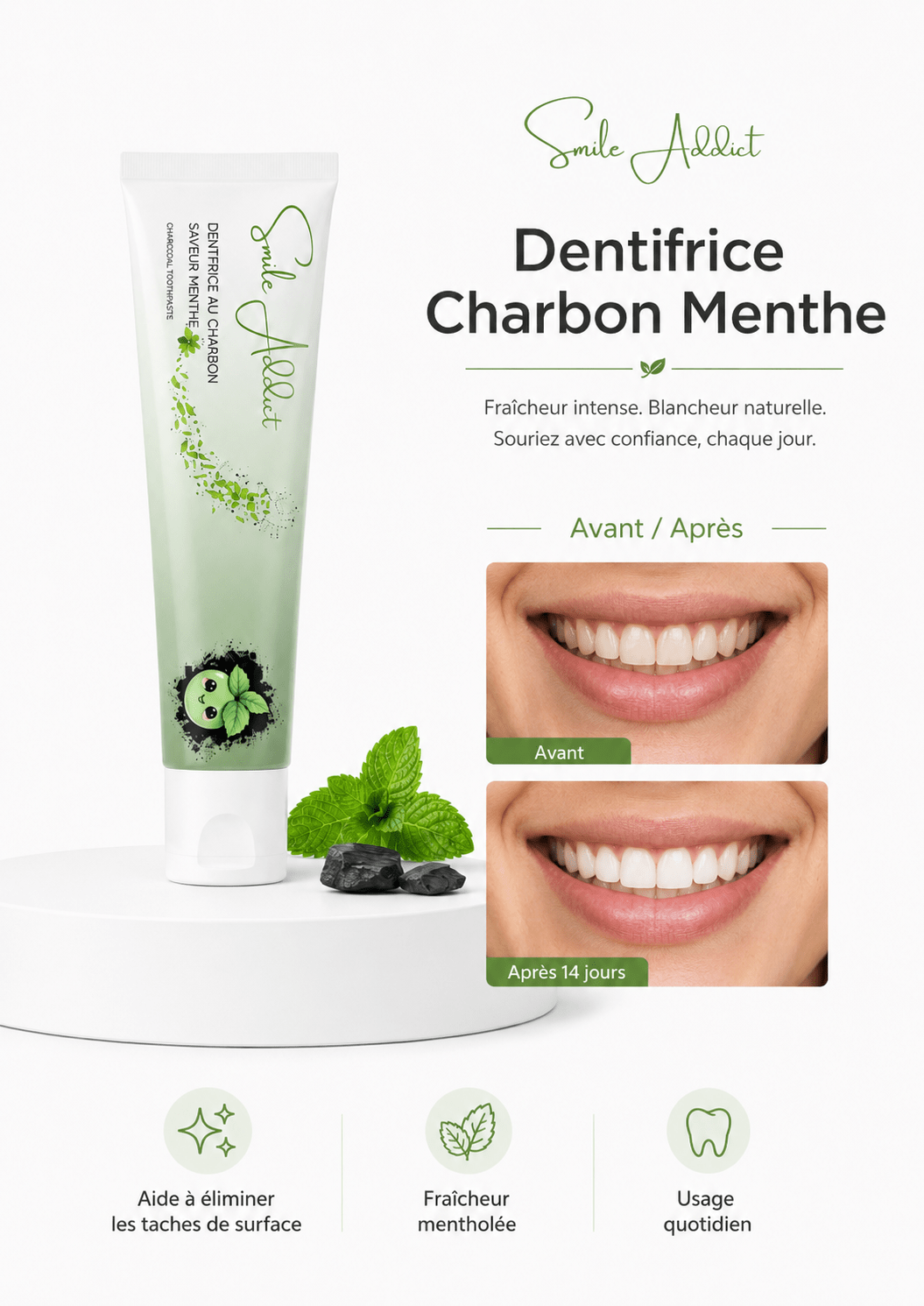 Dentifrice Naturel Menthe au Charbon Actif – Blancheur & S — composition et ingrédients | Smile Addict