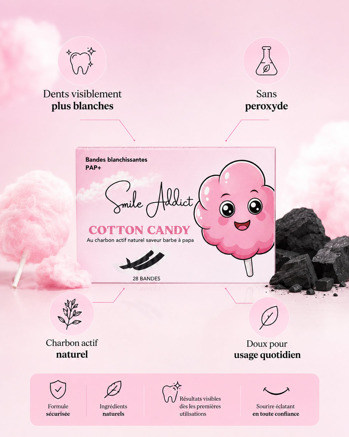 Bandes Blanchissantes Saveur Barbe à Papa – PAP+ Sans Peroxyde | Smile Addict