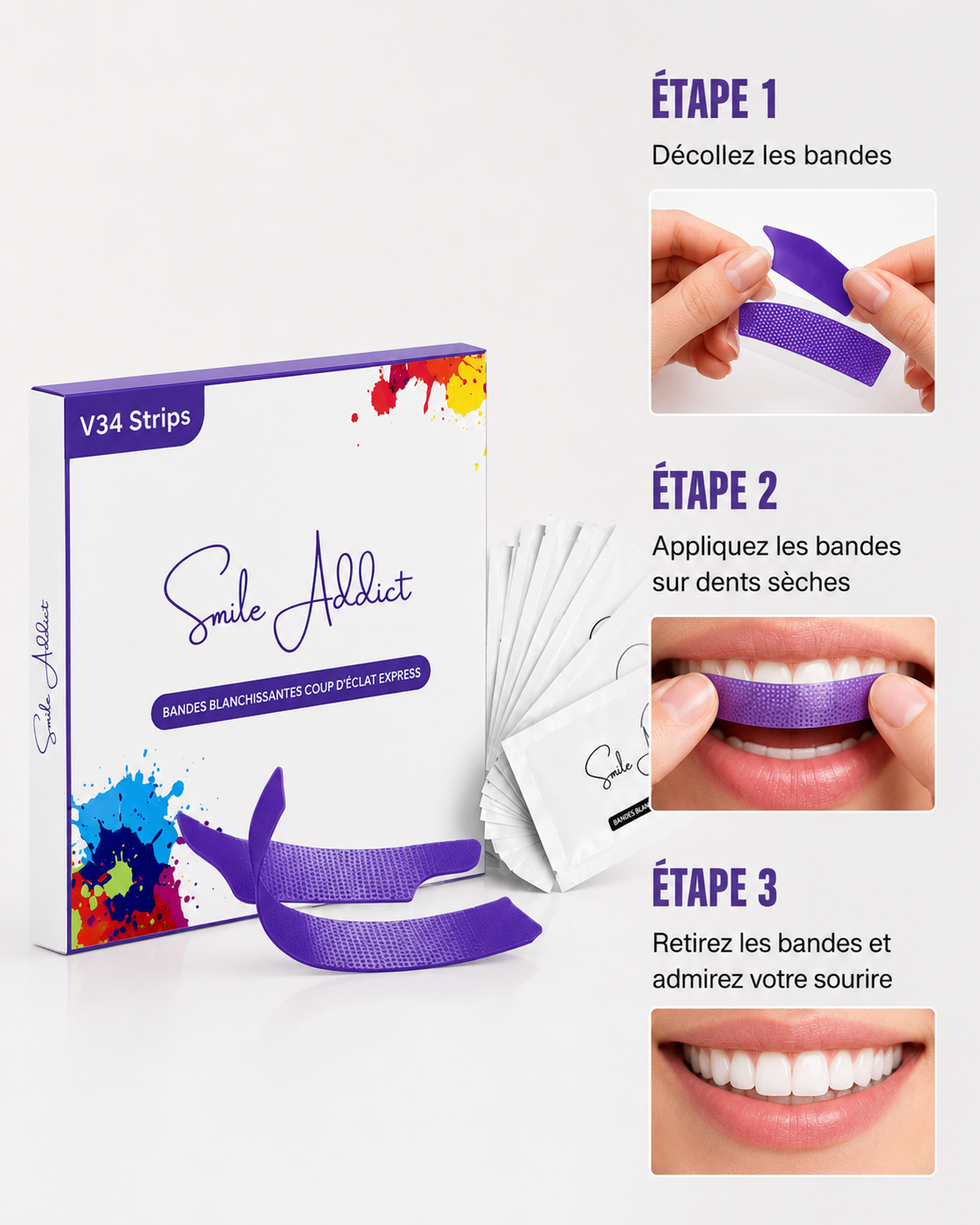 Bandes Éclat Express V34 – Blanchiment Dentaire Instantané Sans Peroxyde | Smile Addict