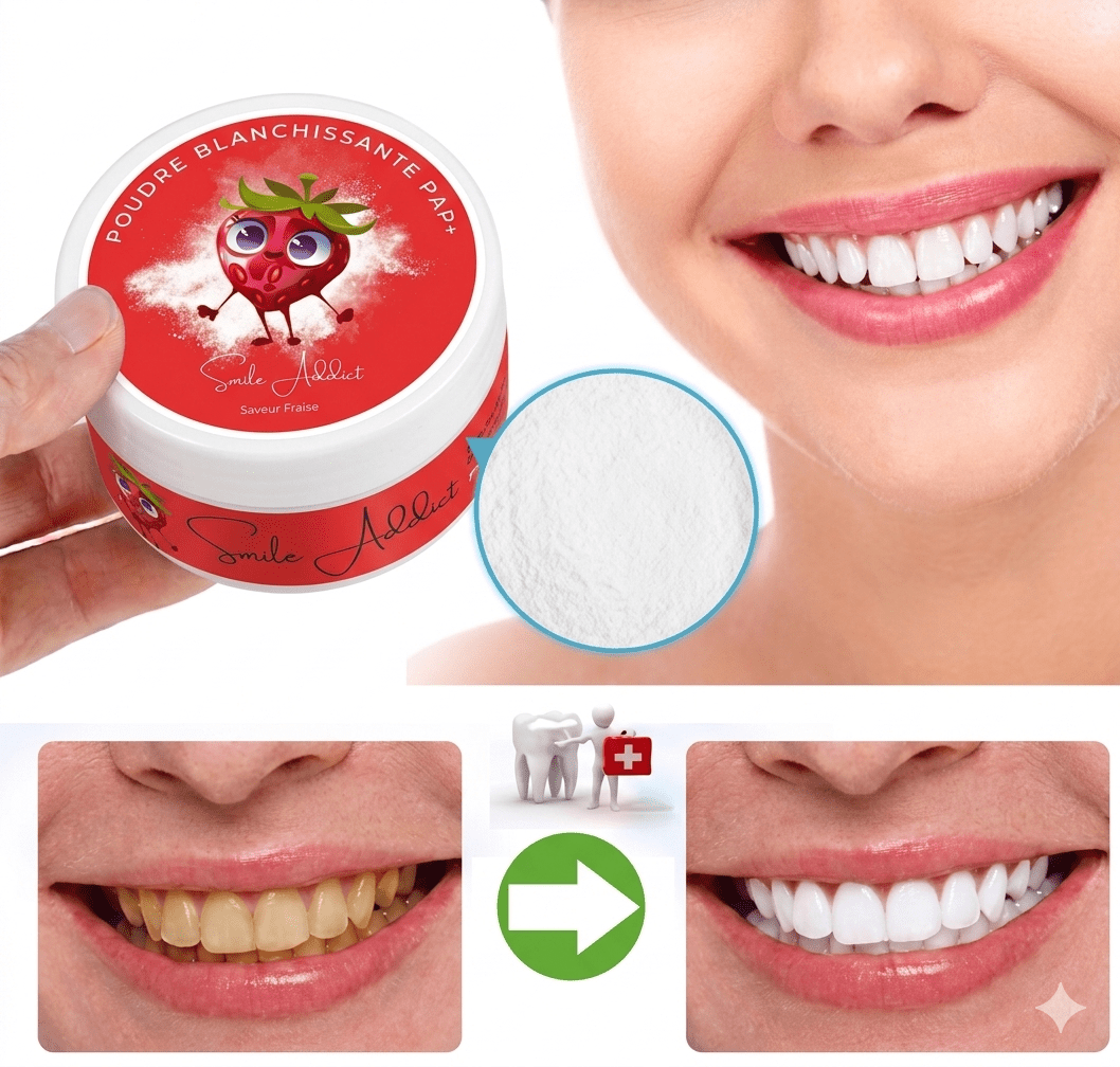 Poudre Blanchissante Fraise PAP+ – Dents Blanches — mode d'emploi | Smile Addict