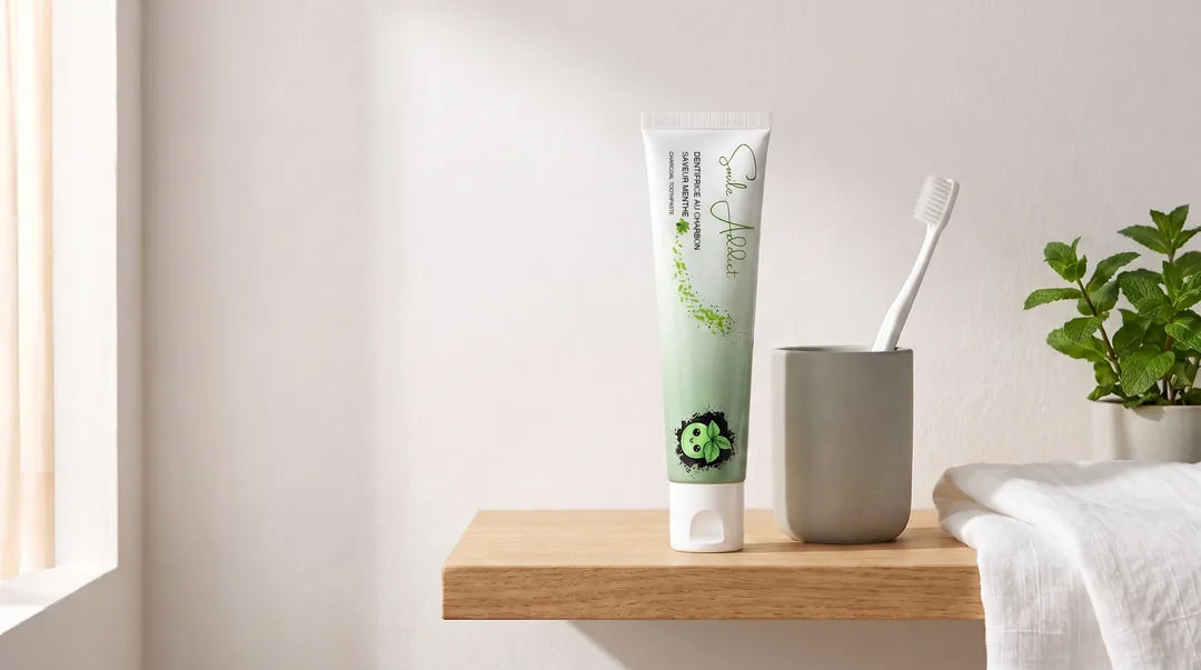 Dentifrice au charbon actif Smile Addict dans une salle de bain