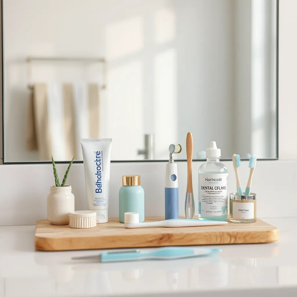 Assortiment de produits d’hygiène dentaire disposés sur une table de salle de bain, brosse et dentifrice au premier plan