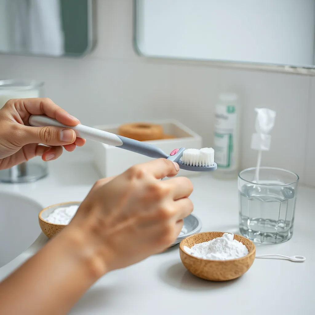 Brossage des dents avec une brosse souple et dents visiblement plus blanches, dans une salle de bain lumineuse