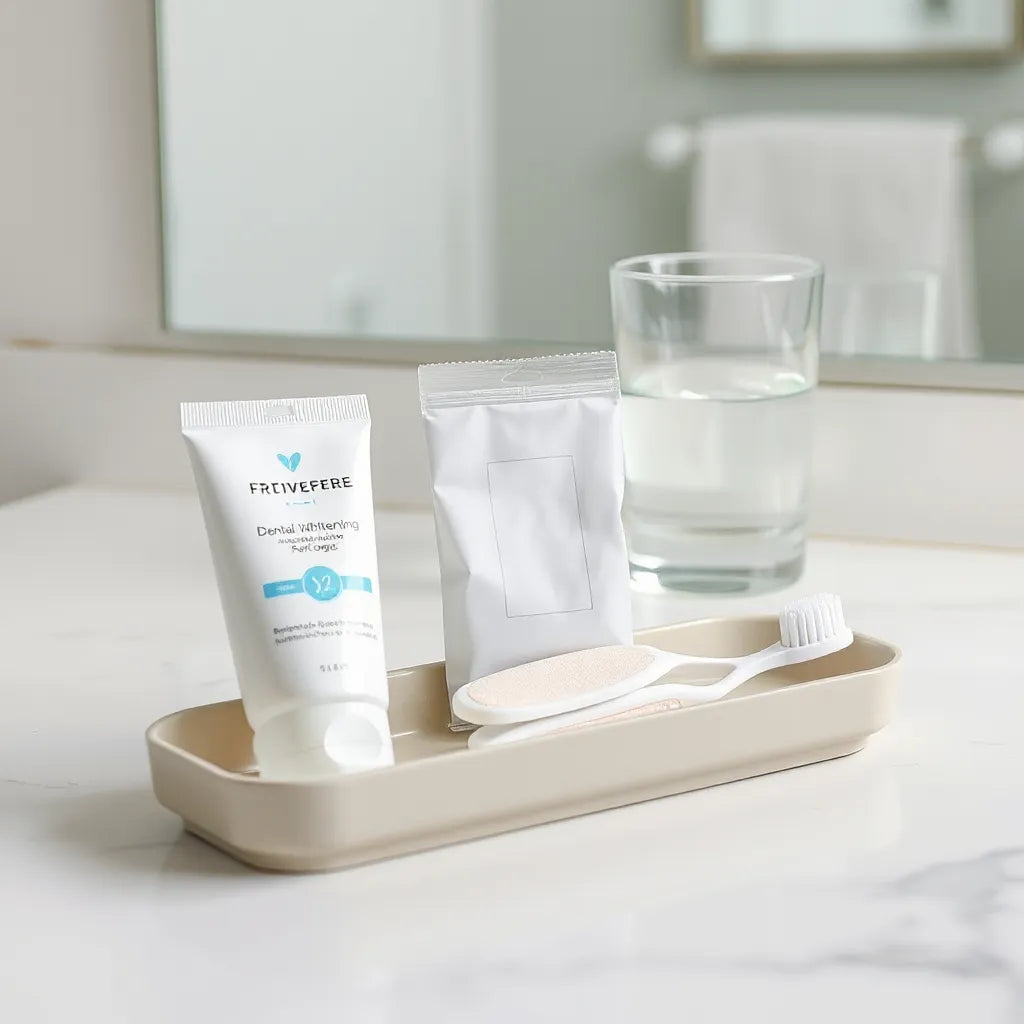Gel de blanchiment, bandes et brosse à dents sur un comptoir de salle de bain, lumière naturelle