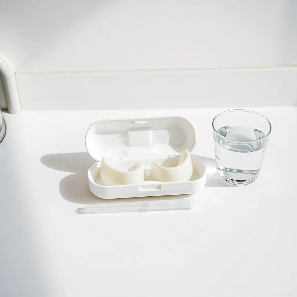 Kits de blanchiment dentaire avec gouttières et gel, disposés sur un plan de travail lumineux