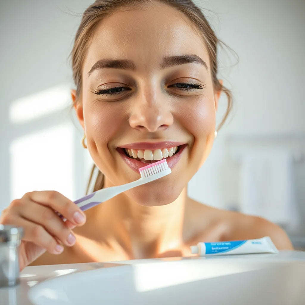 Personne souriante se brossant les dents devant un lavabo lumineux, brosse et dentifrice visibles.