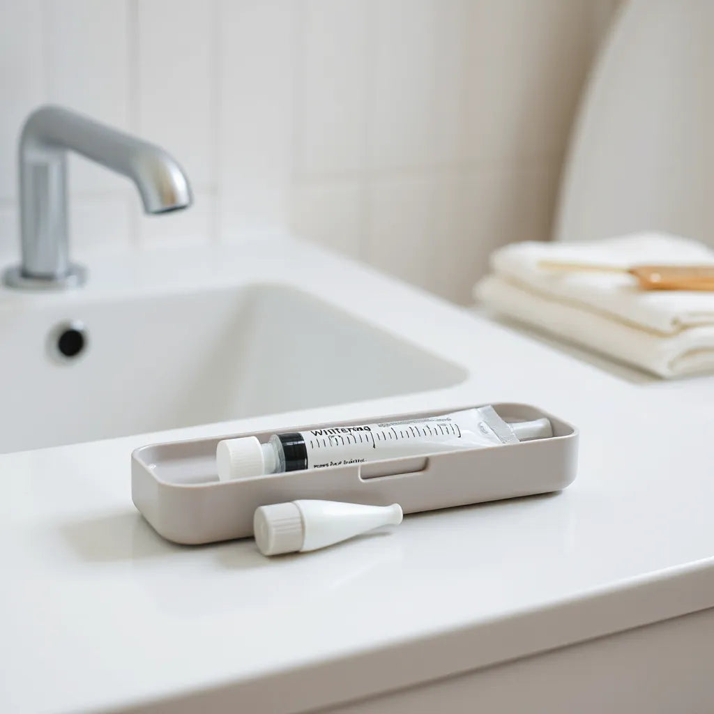 Kit de blanchiment dentaire sans peroxyde avec applicateur de gel et gouttière silicone sur une table blanche