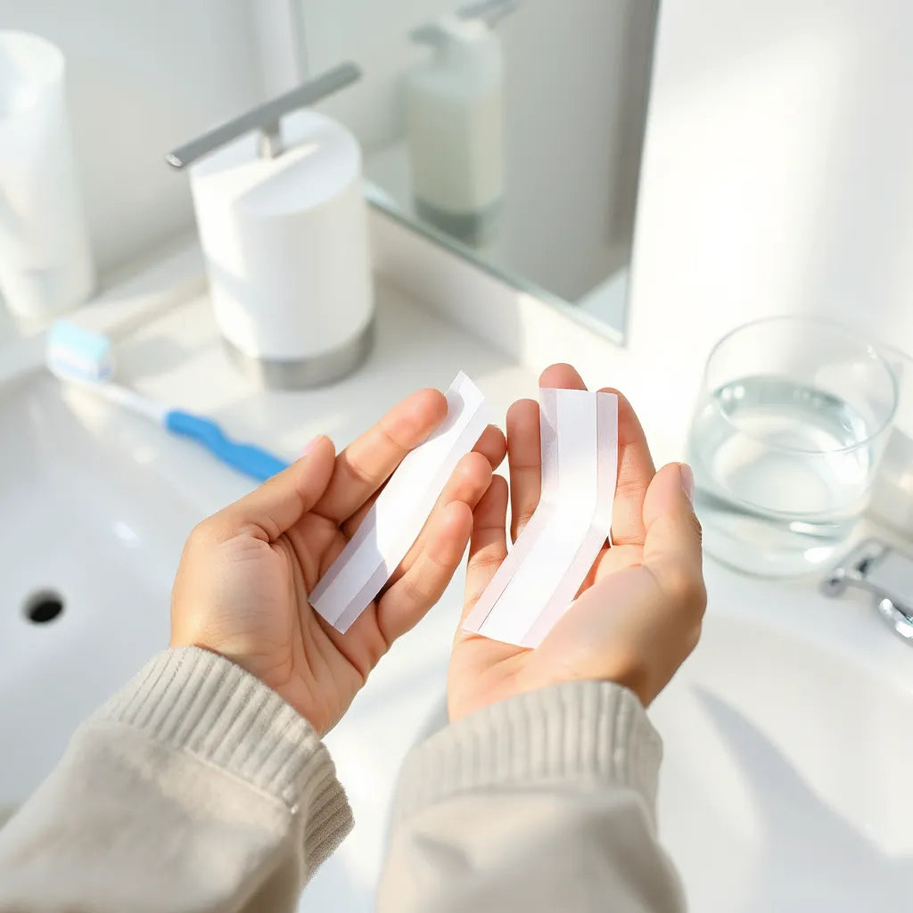 Mains tenant des bandes blanchissantes sans peroxyde sur un plan de salle de bain, lumière naturelle douce