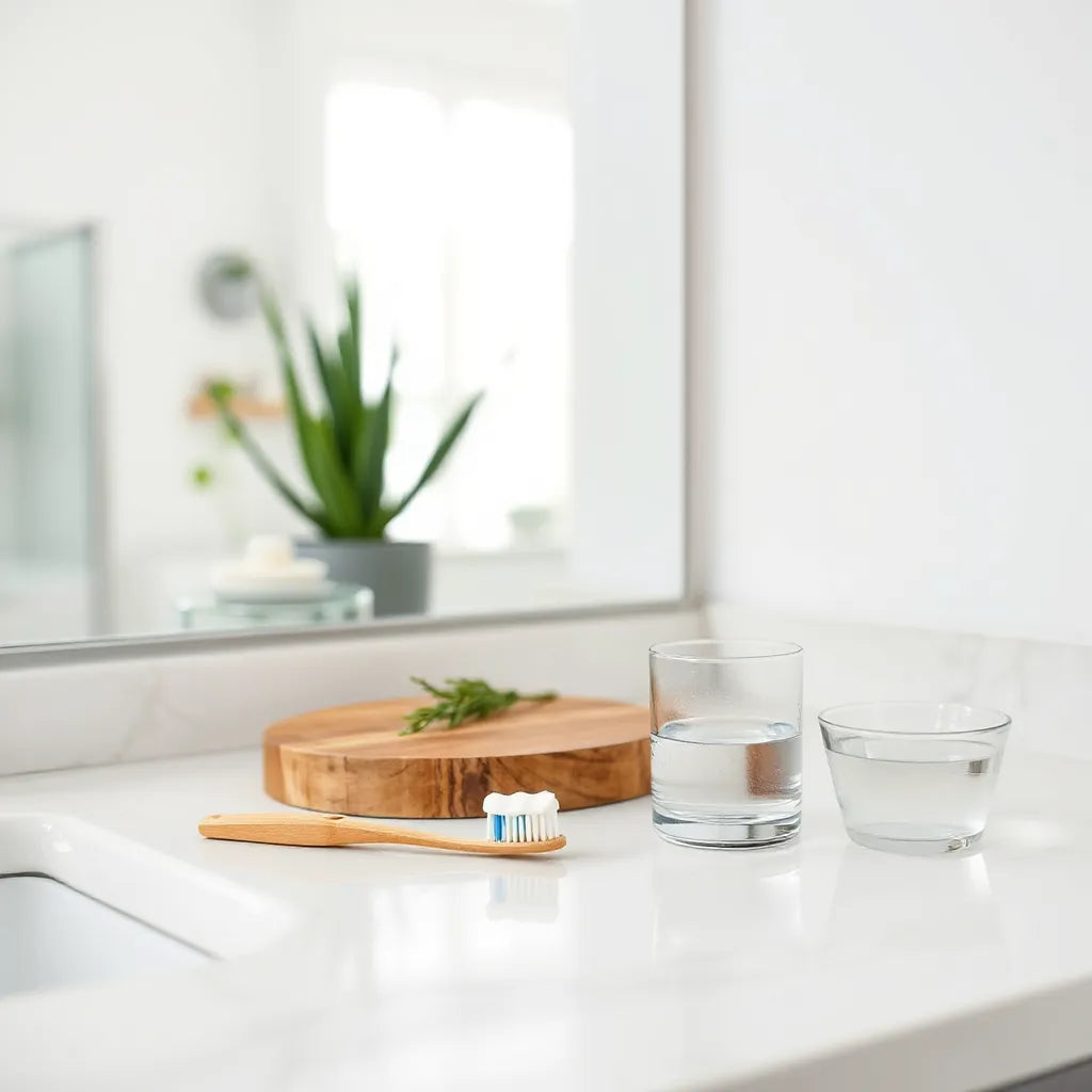 Brosse à dents et fil dentaire sur un plan de salle de bain, avec lumière naturelle et miroir flou en arrière-plan