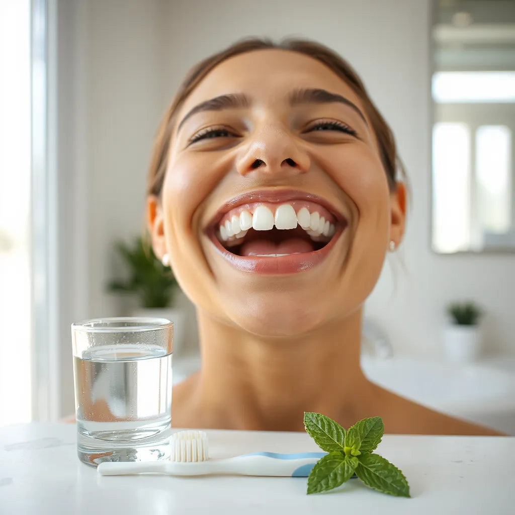 Sourire lumineux avec dents soignées, brosse à dents et verre d’eau sur un plan de travail clair