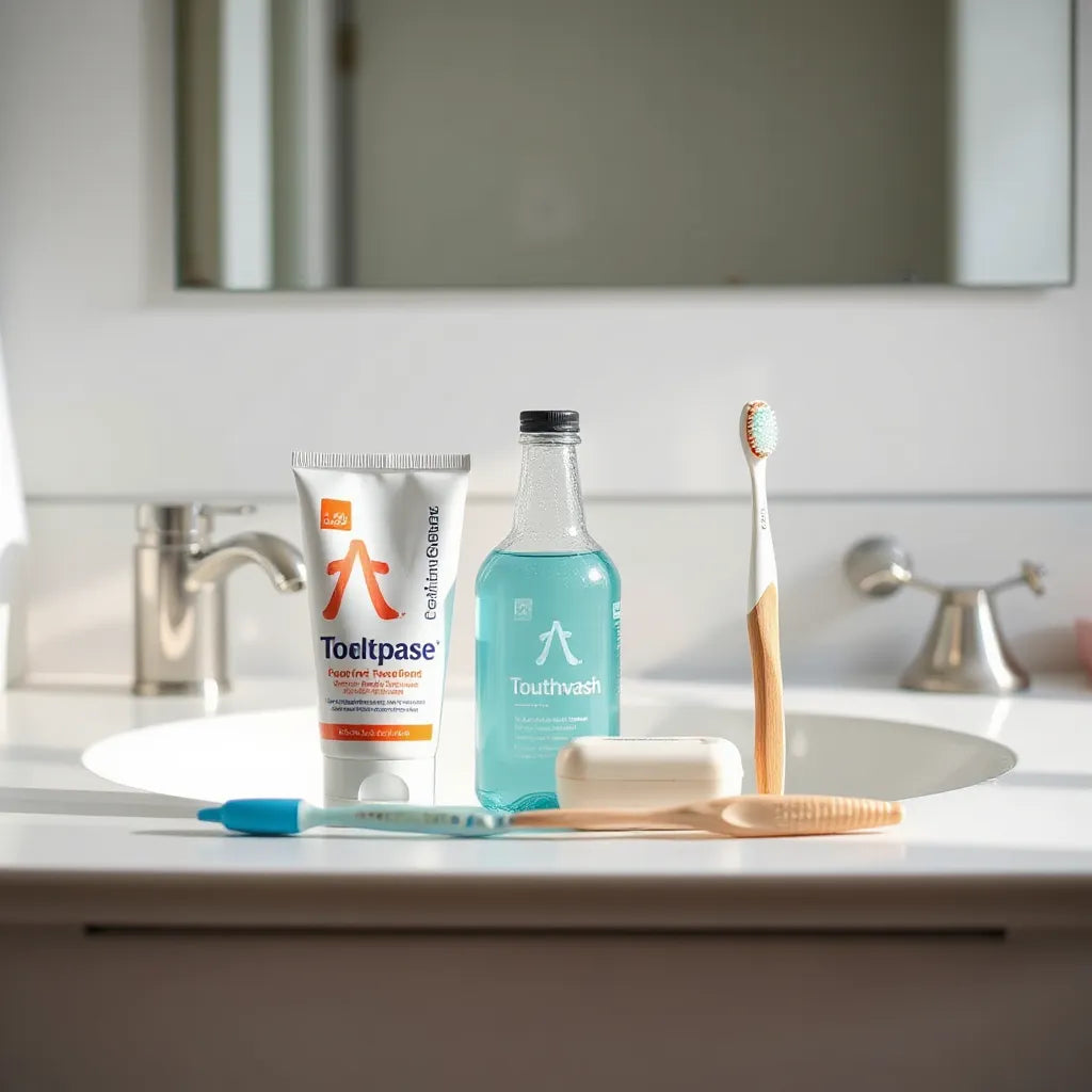 Toothpaste, mouthwash, toothbrush, and dental care essentials arranged on a bathroom counter.